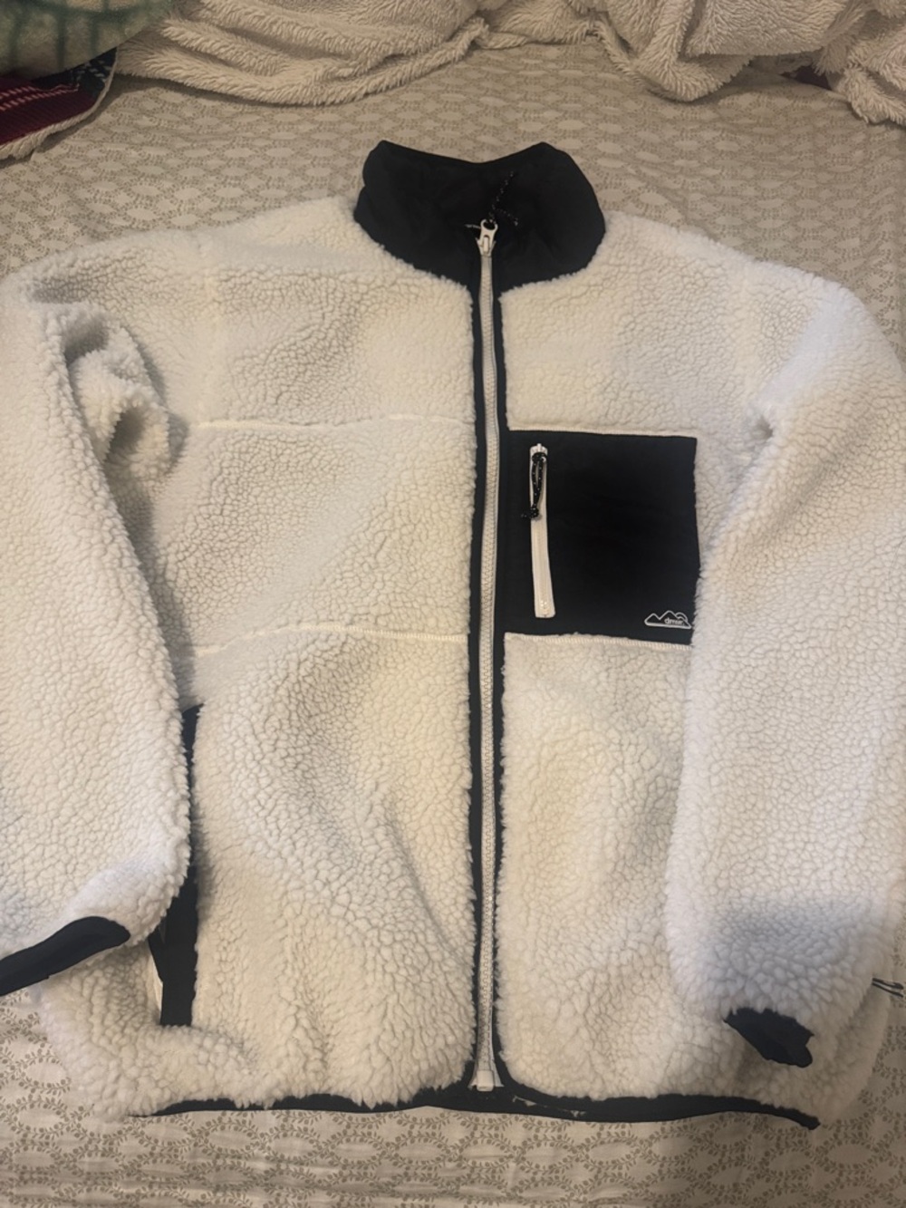 White Sherpa Zip-Up Jacket with Black Accents